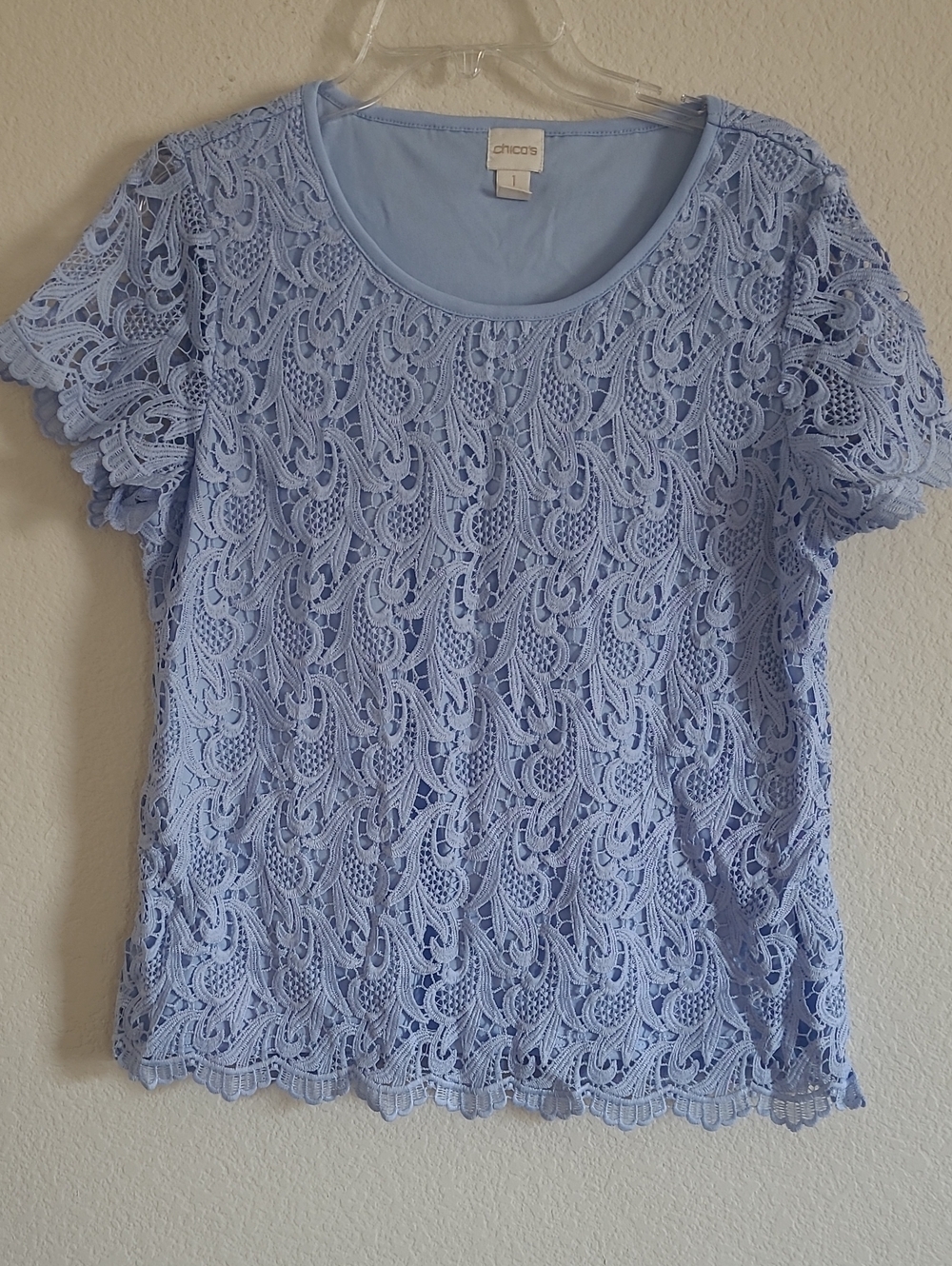 Chico's Light Blue Lace Short Sleeve Top Size 1/M